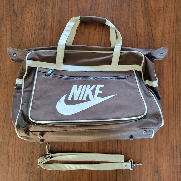 Vintage Nike Original 70s Brown Duffle Gym Travel Bag Canvas Blue Ribbon Sports
